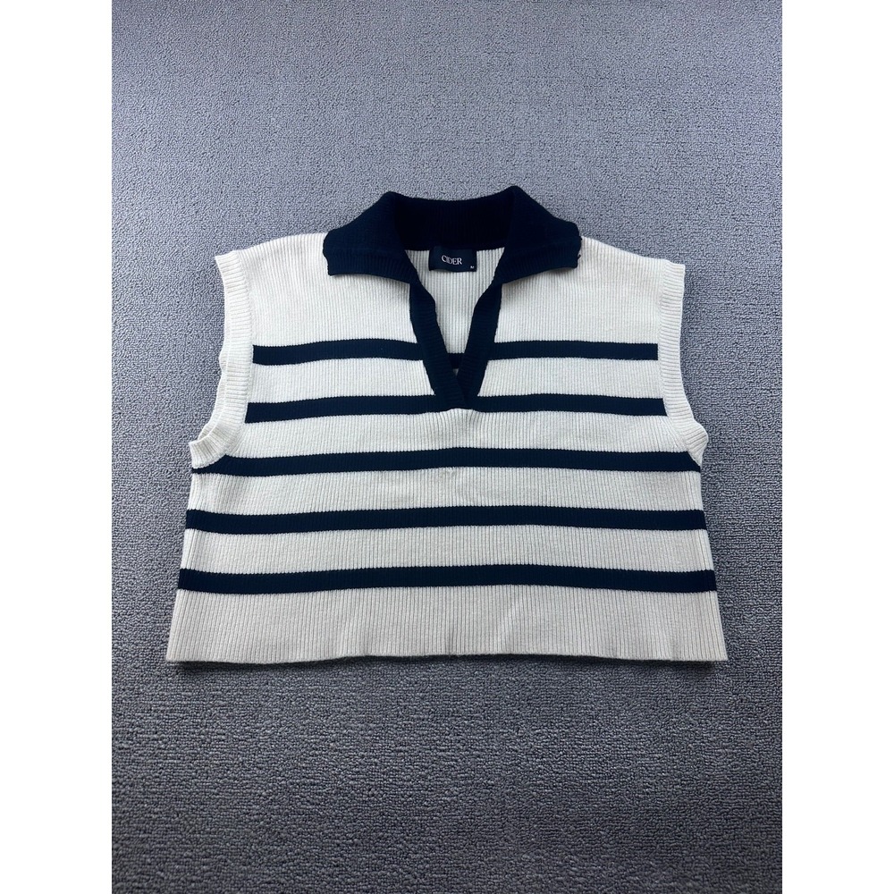 Cider Sweater Polo Vest Women M White Knit Striped Collared Sleeveless Preppy